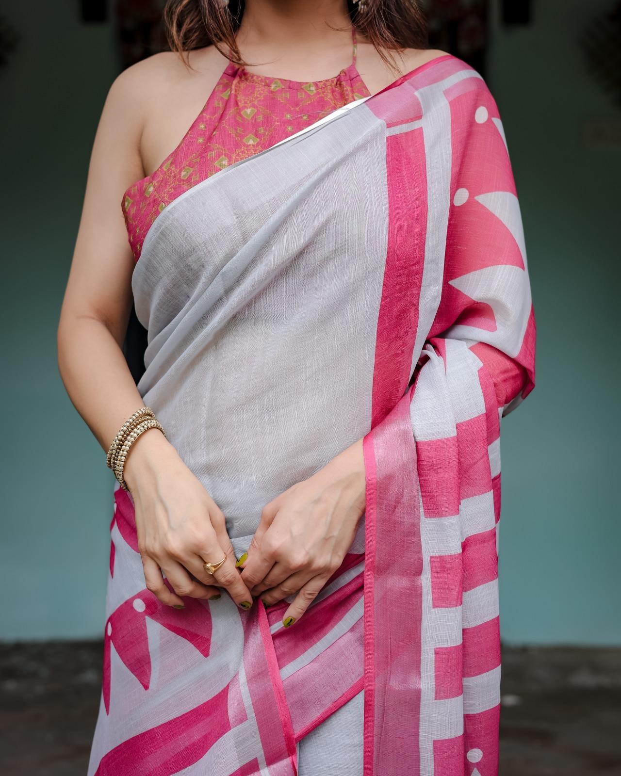 Elegant Pink And White Cotton Saree With Unstitched Blouse | Dhanjyoti - Image 5