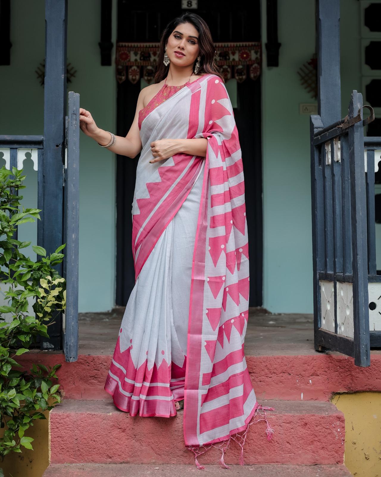 Elegant Pink And White Cotton Saree With Unstitched Blouse | Dhanjyoti - Image 2