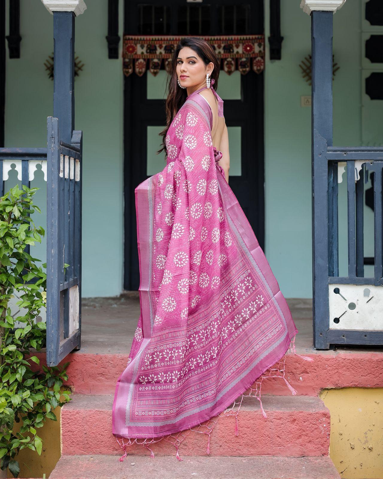 Elegant Pink Floral Printed Saree And Zari Woven Border With Unstitched Blouse | Dhanjyoti  - Image 3