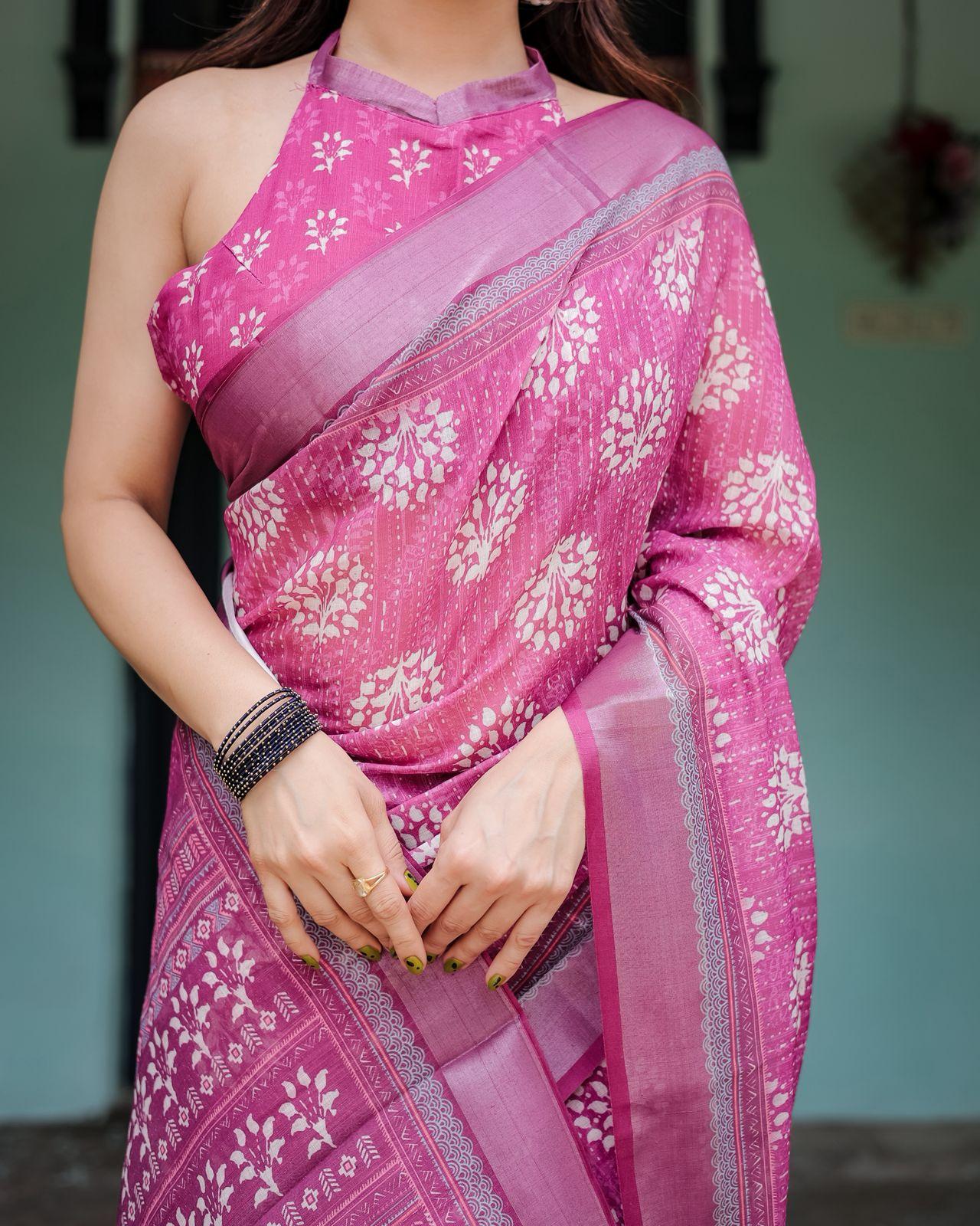 Elegant Pink Floral Printed Saree And Zari Woven Border With Unstitched Blouse | Dhanjyoti  - Image 5