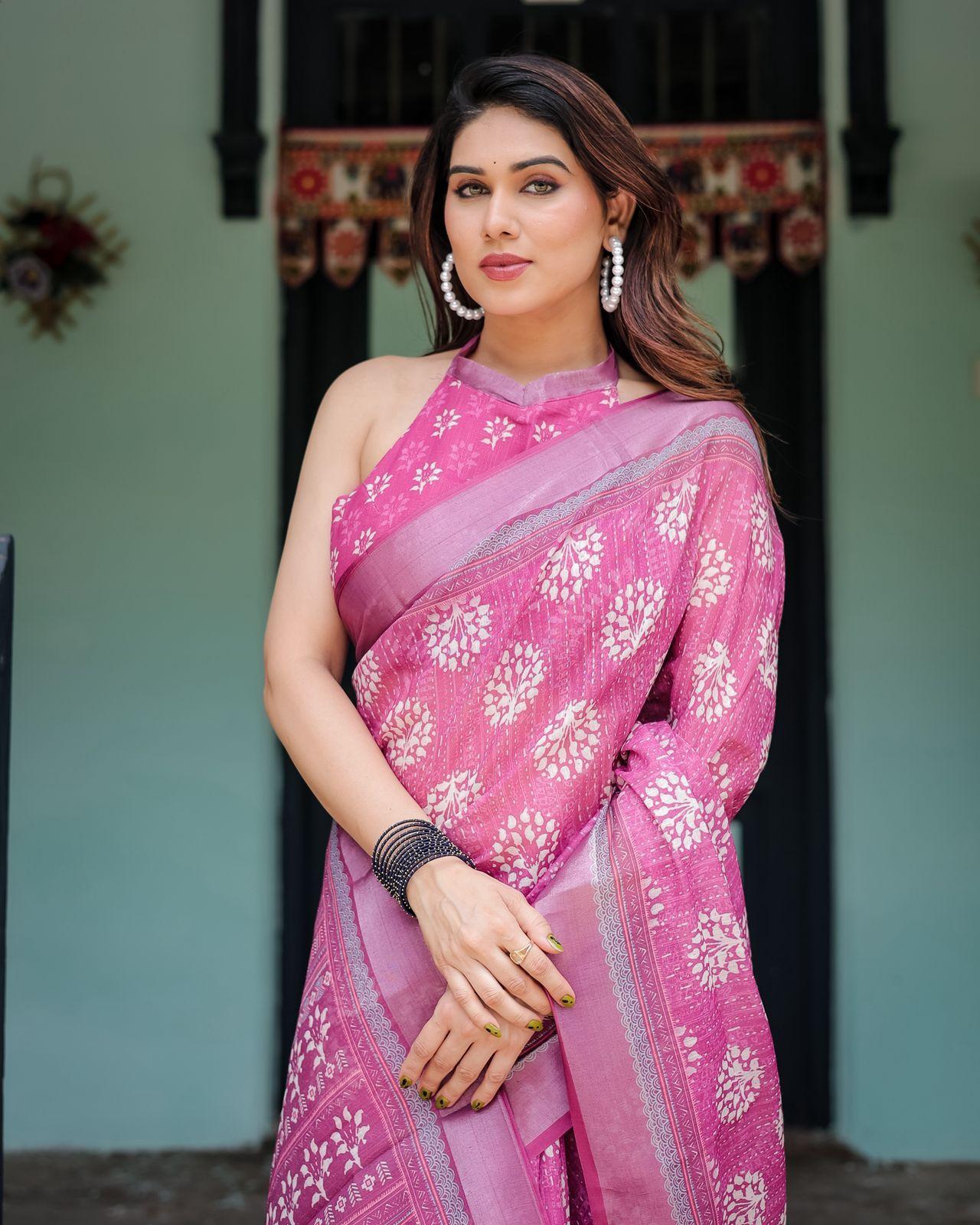 Elegant Pink Floral Printed Saree And Zari Woven Border With Unstitched Blouse | Dhanjyoti  - Image 2