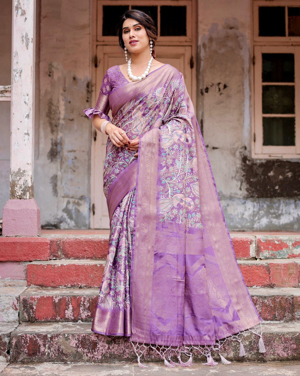 Elegant Purple Floral Silk Saree And Woven Border And Pallu And Unstitched Blouse | Dhanjyoti  - Image 3