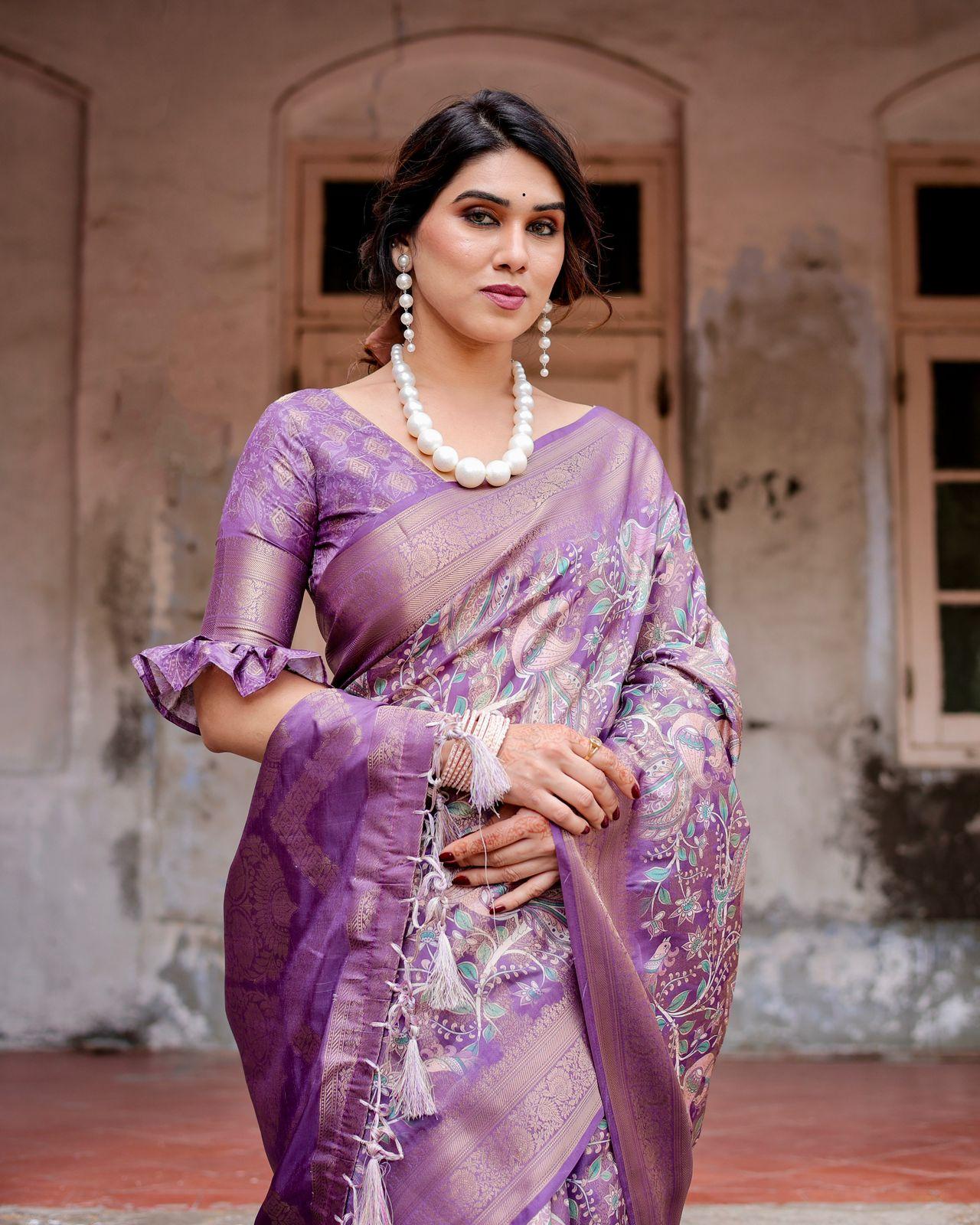 Elegant Purple Floral Silk Saree And Woven Border And Pallu And Unstitched Blouse | Dhanjyoti  - Image 4