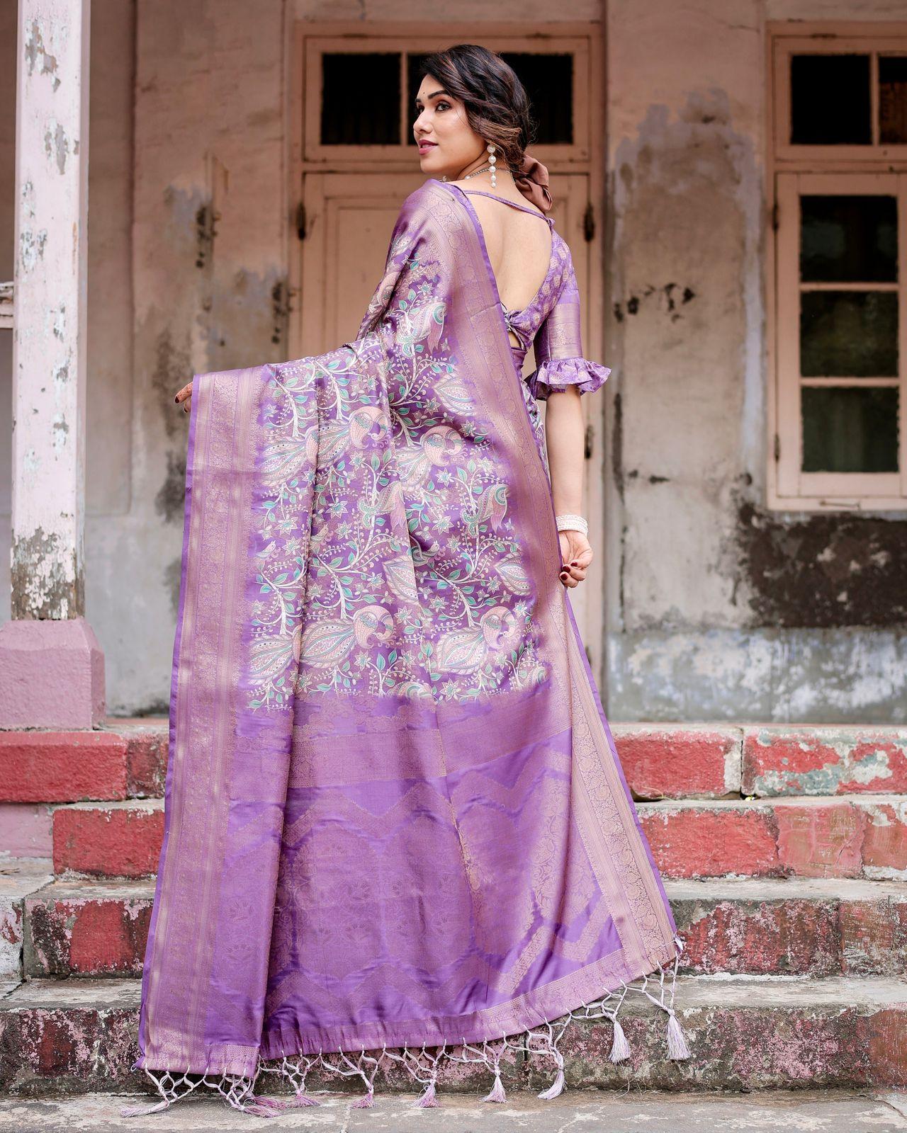 Elegant Purple Floral Silk Saree And Woven Border And Pallu And Unstitched Blouse | Dhanjyoti  - Image 5