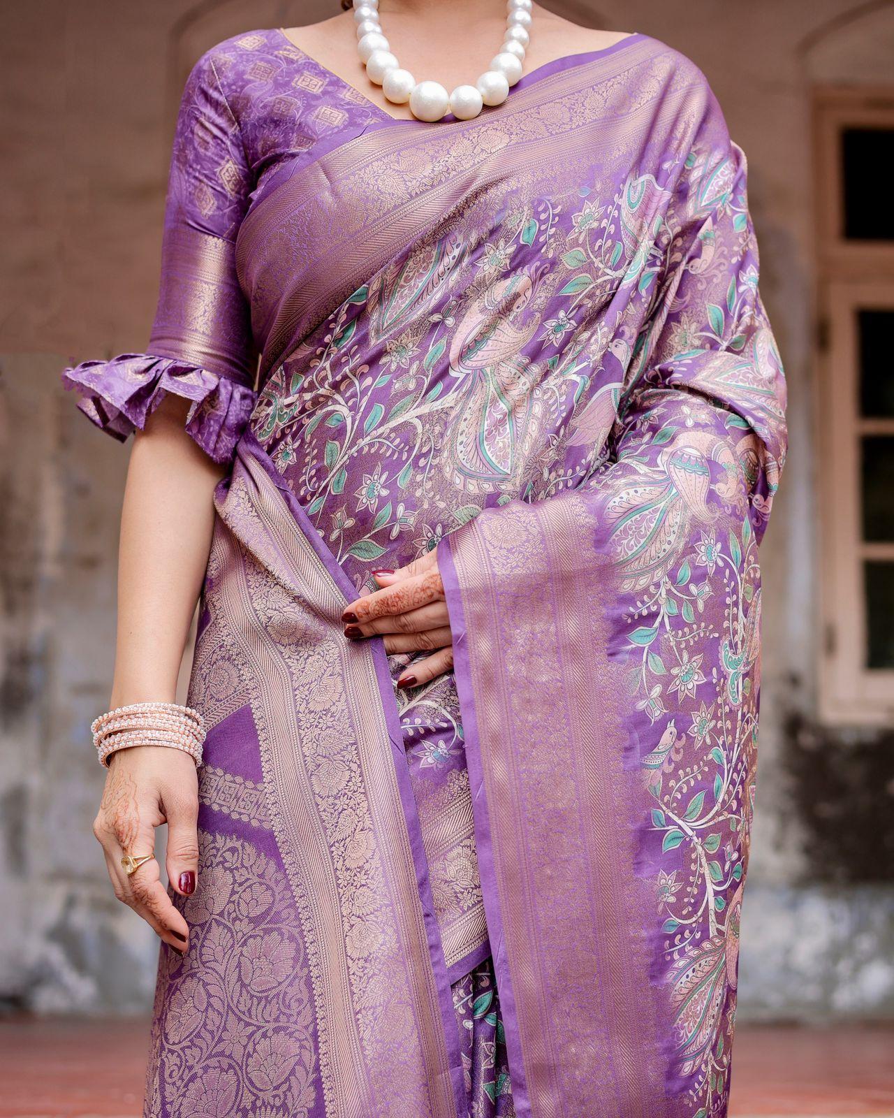 Elegant Purple Floral Silk Saree And Woven Border And Pallu And Unstitched Blouse | Dhanjyoti  - Image 2