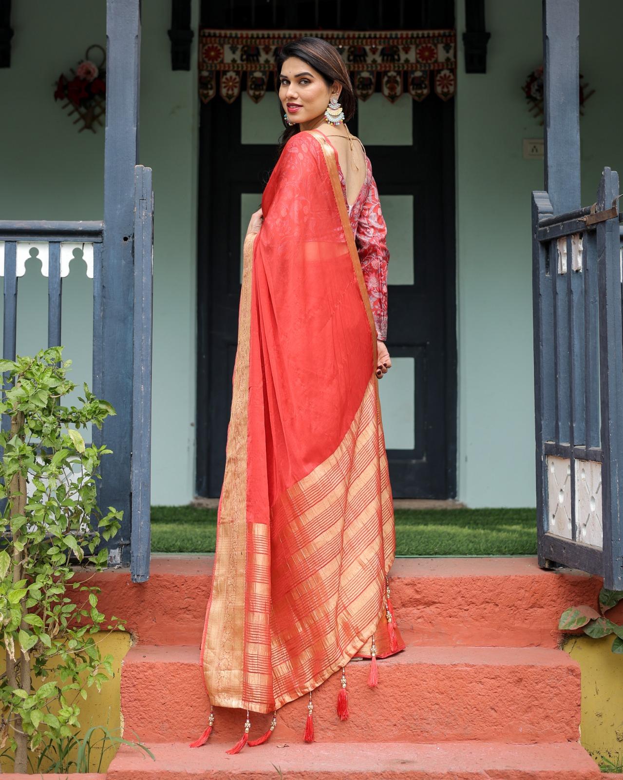Elegant Red Silk Saree - Image 3