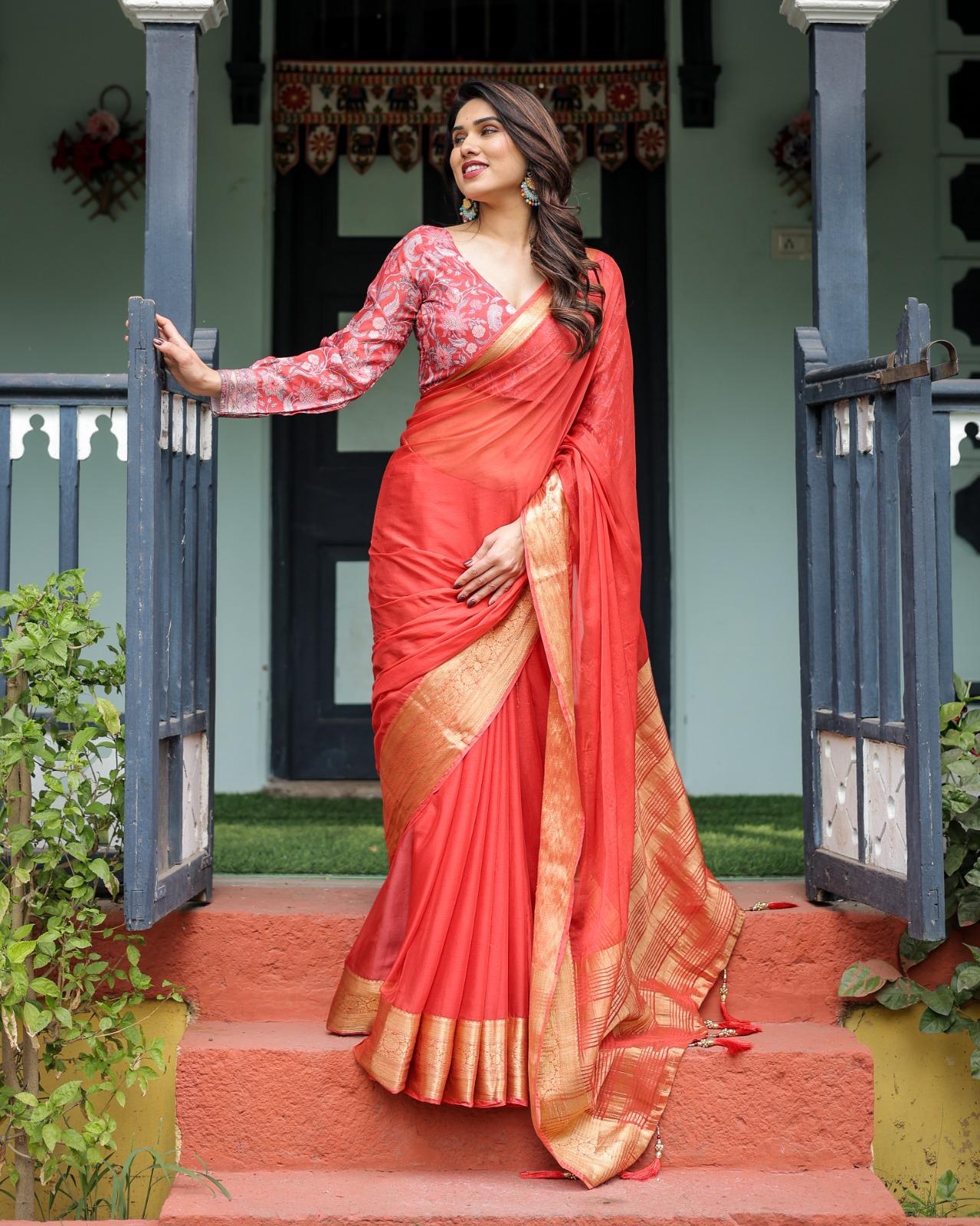 Elegant Red Silk Saree - Image 2
