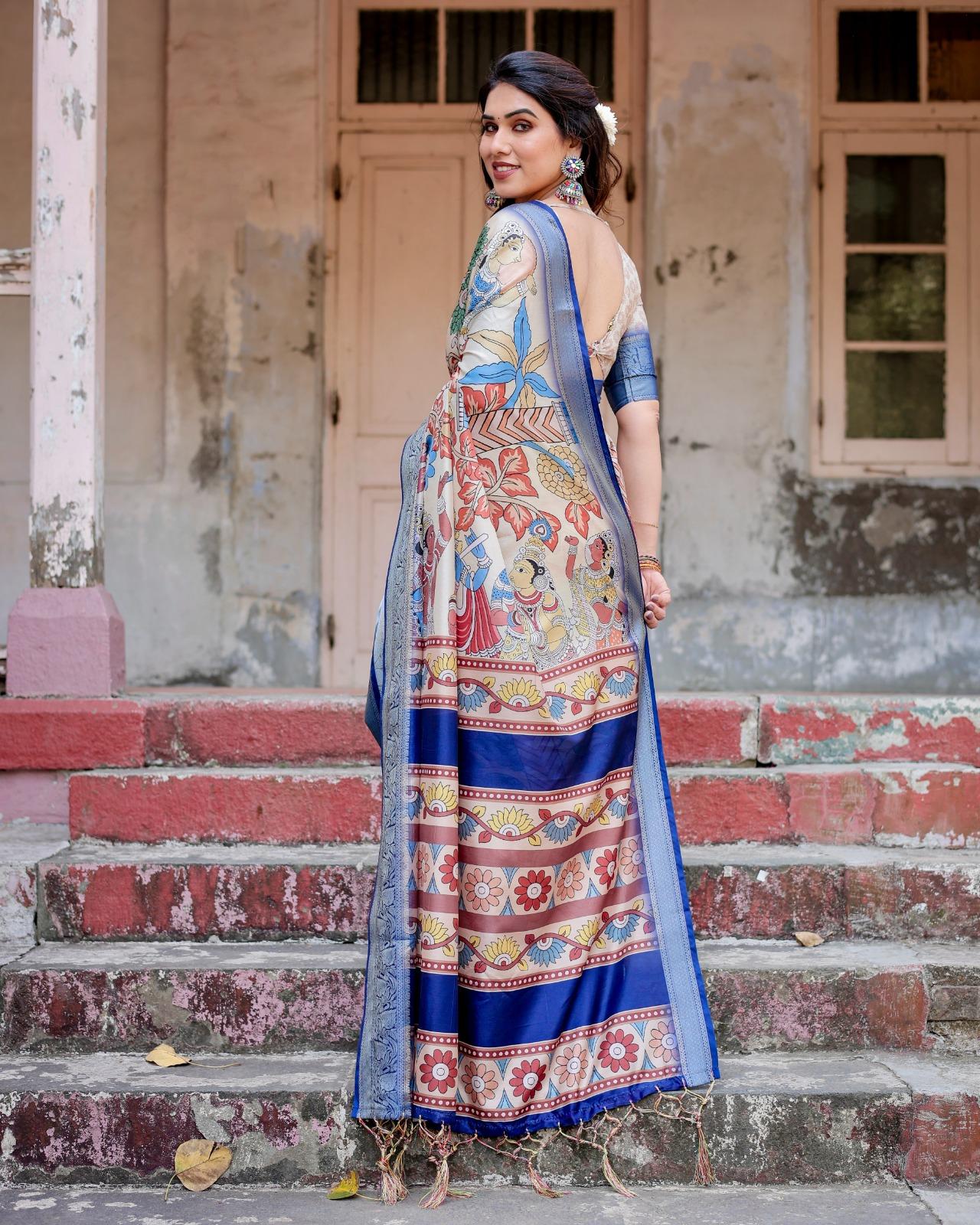 Ethnic Digital Printed Silk Saree And Woven Border With Unstitched Blouse And Party And Festival Wear | Dhanjyoti  - Image 3