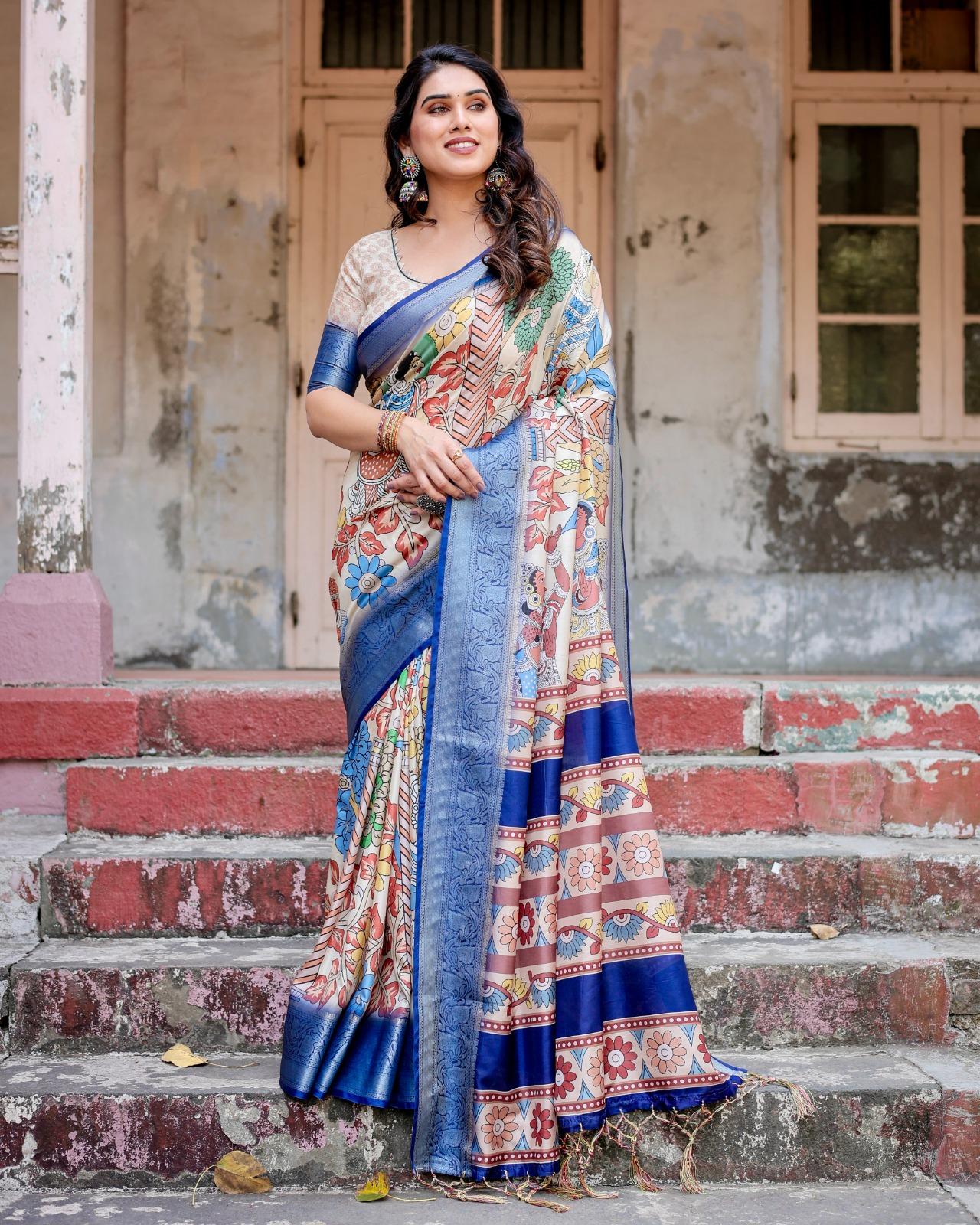Ethnic Digital Printed Silk Saree And Woven Border With Unstitched Blouse And Party And Festival Wear | Dhanjyoti  - Image 4