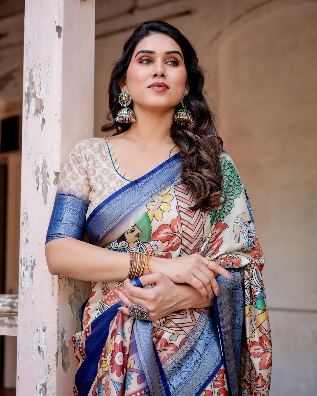 Ethnic Digital Printed Silk Saree And Woven Border With Unstitched Blouse And Party And Festival Wear | Dhanjyoti  - Image 5