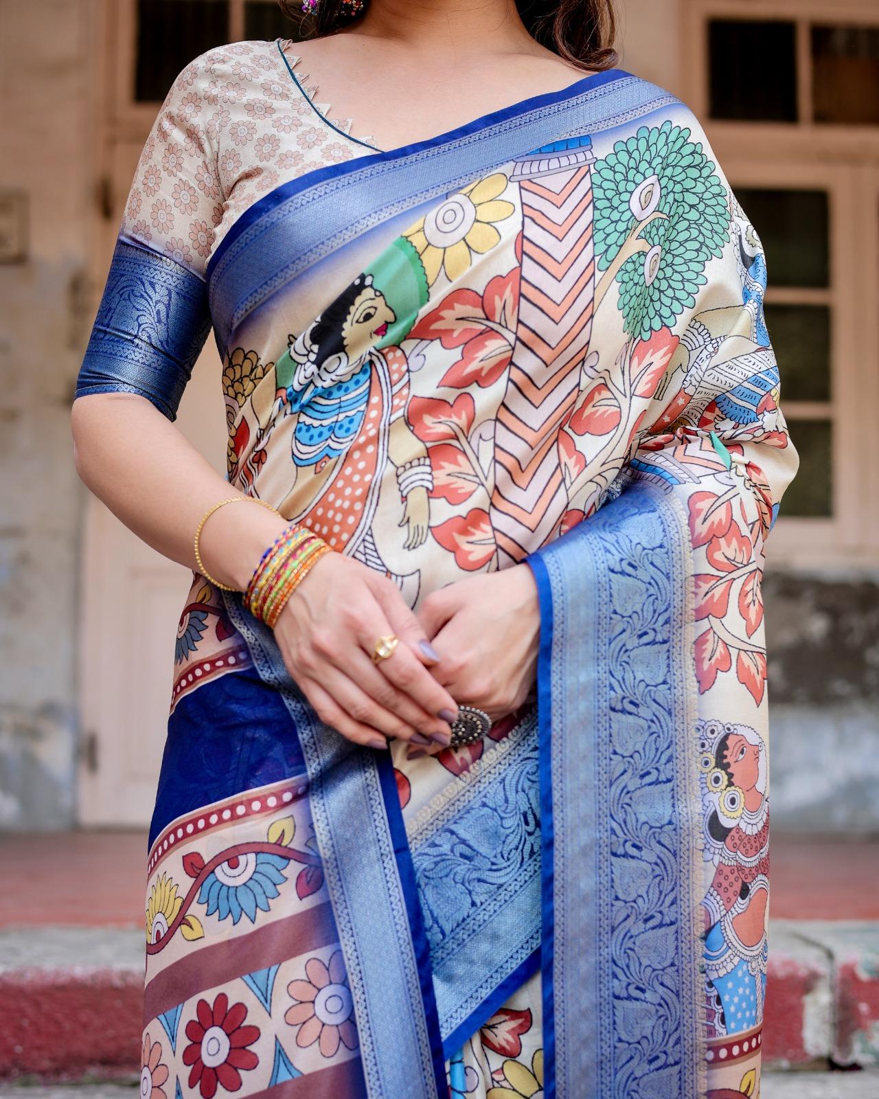 Ethnic Digital Printed Silk Saree And Woven Border With Unstitched Blouse And Party And Festival Wear | Dhanjyoti  - Image 2