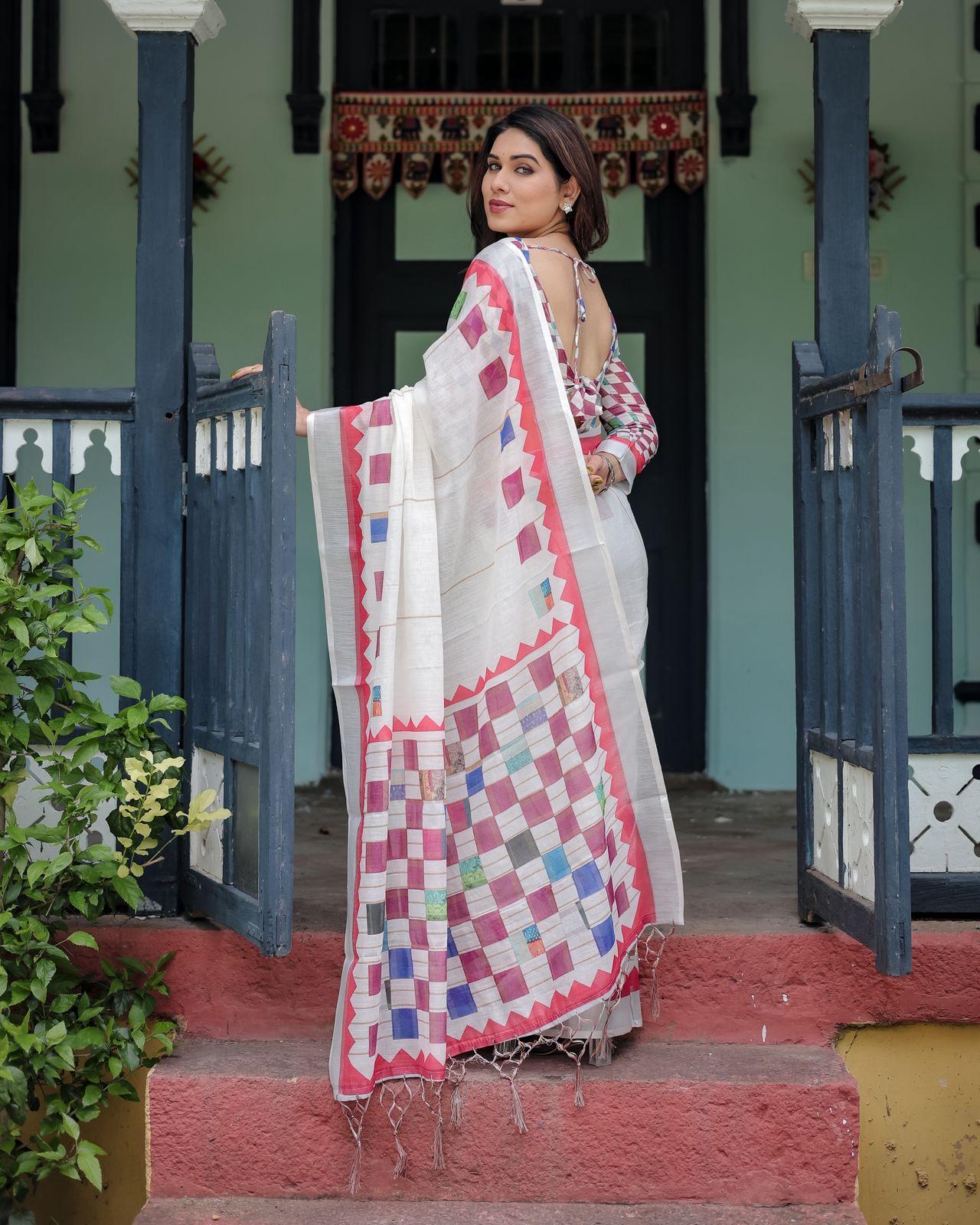 Ethnic Handwoven Linen Saree With Unstitched Blouse For Party Wear | Dhanjyoti - Image 3