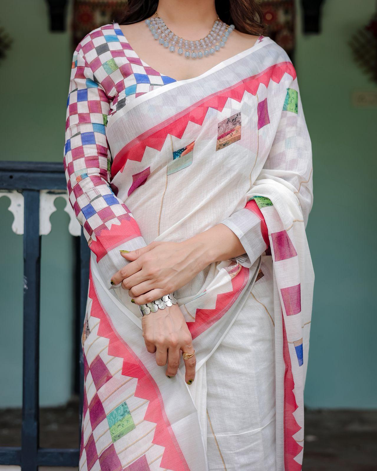 Ethnic Handwoven Linen Saree With Unstitched Blouse For Party Wear | Dhanjyoti - Image 2