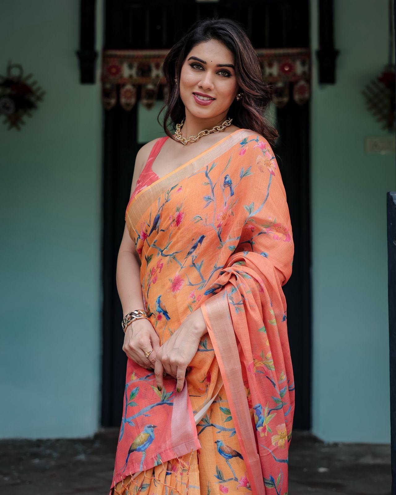 Fanta Orange Floral Printed Linen Saree Woven Border With Unstitched Blouse Party Wear |dhanjyoti  - Image 4