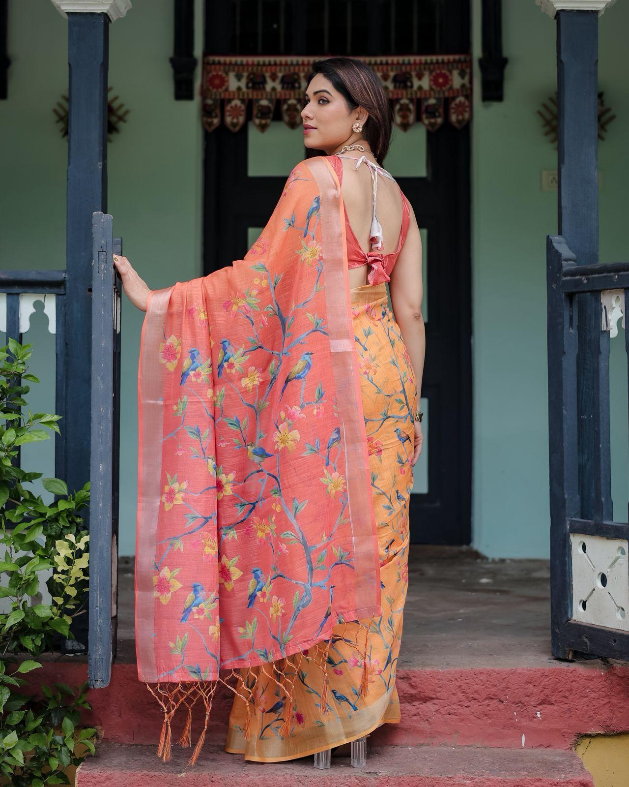 Fanta Orange Floral Printed Linen Saree Woven Border With Unstitched Blouse Party Wear |dhanjyoti  - Image 5