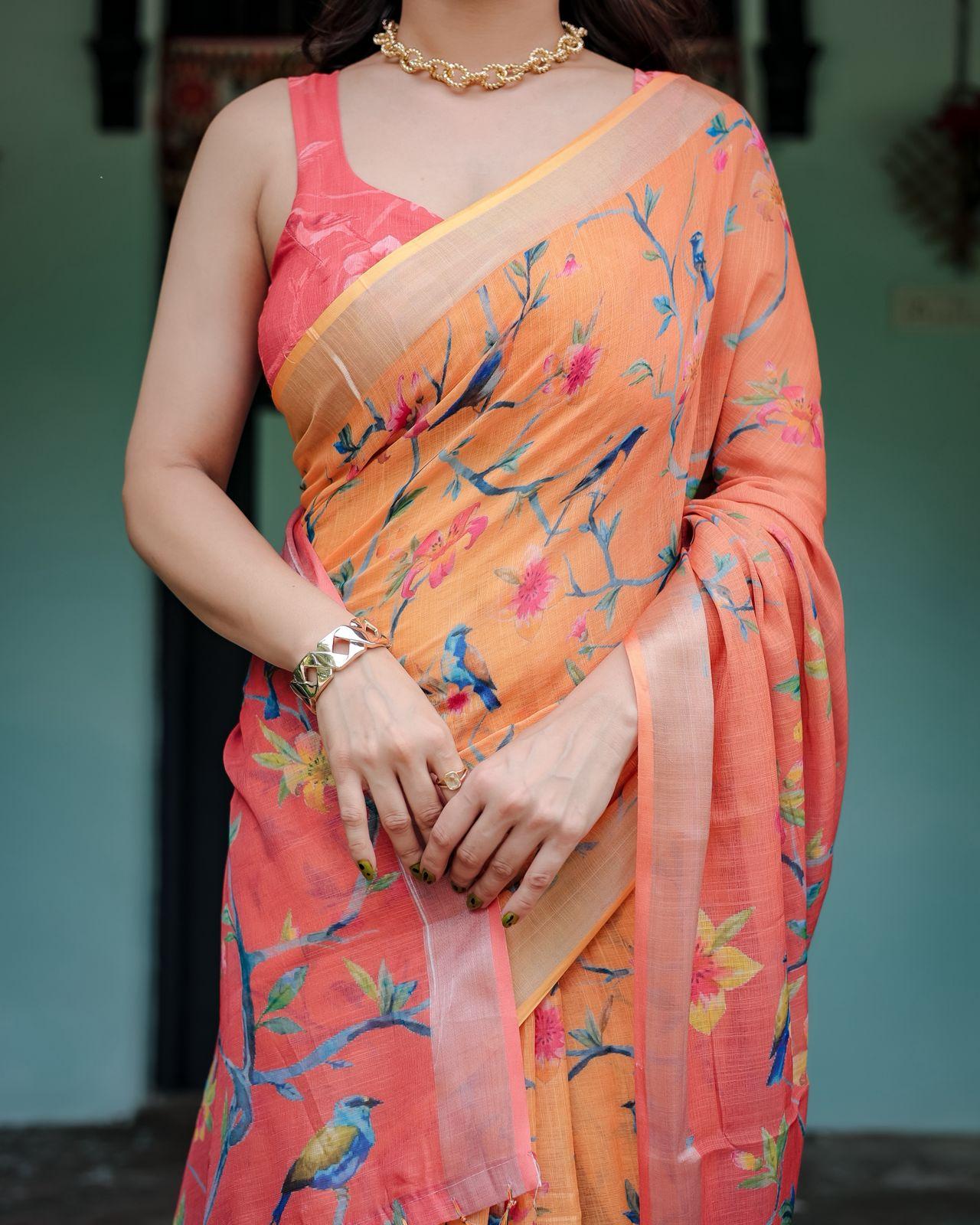 Fanta Orange Floral Printed Linen Saree Woven Border With Unstitched Blouse Party Wear |dhanjyoti  - Image 2