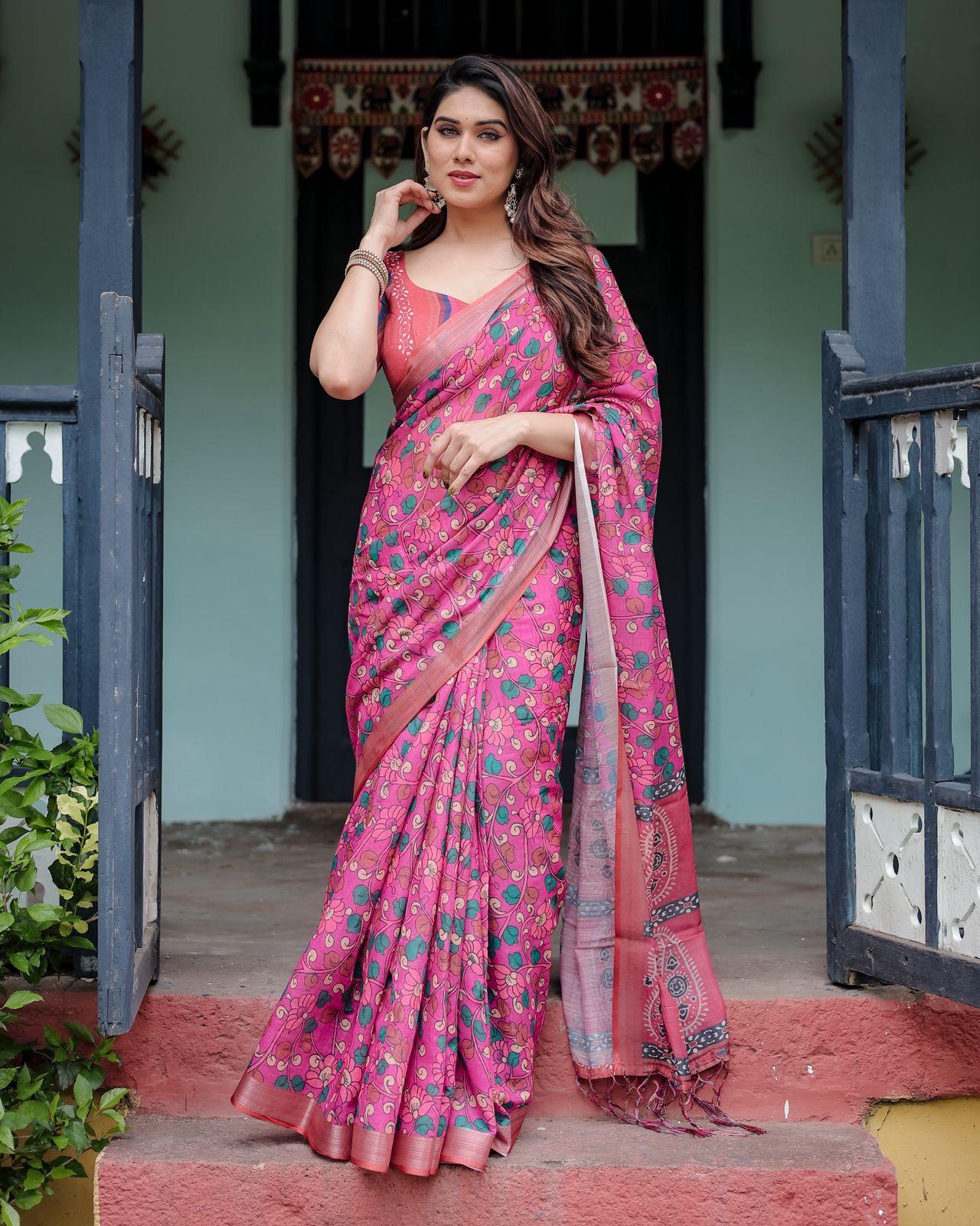 Floral Printed Pink Saree And Woven Border And Unstitched Blouse | Dhanjyoti  - Image 4