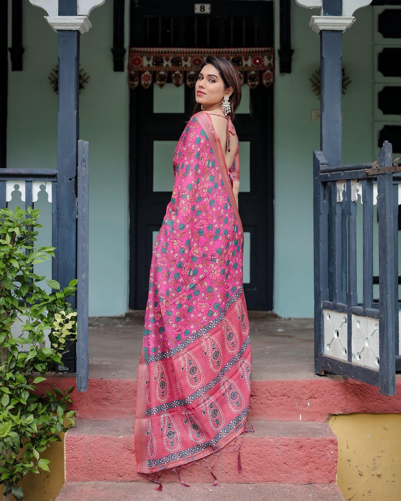 Floral Printed Pink Saree And Woven Border And Unstitched Blouse | Dhanjyoti  - Image 5