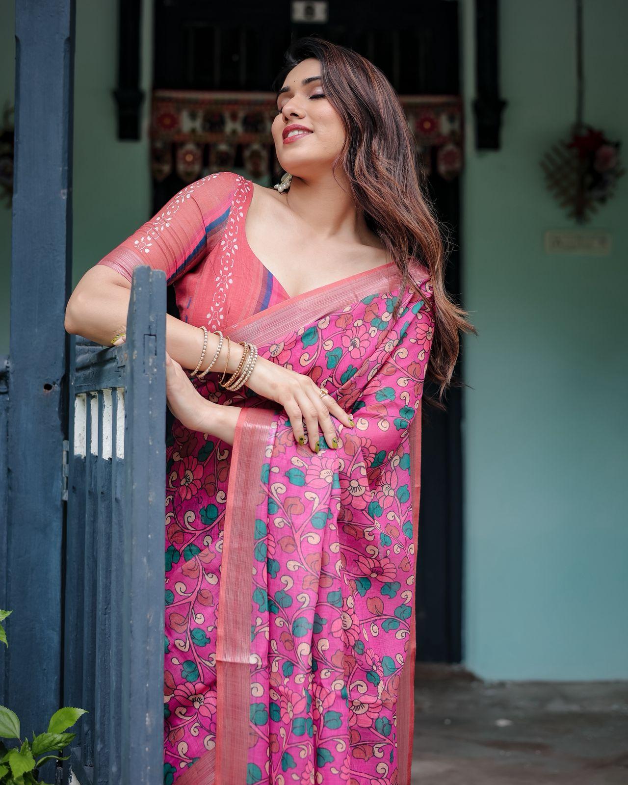 Floral Printed Pink Saree And Woven Border And Unstitched Blouse | Dhanjyoti  - Image 2