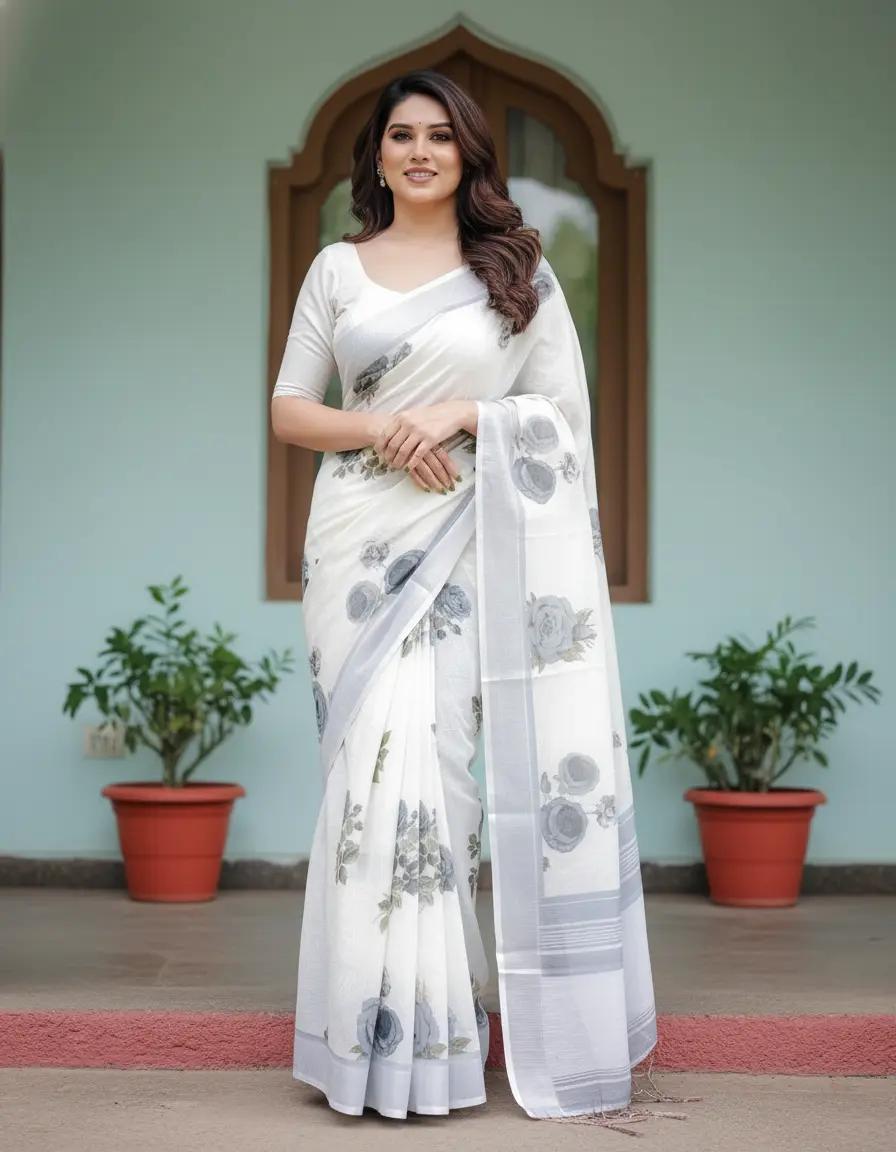 Elegant Floral Print Saree And Zari Woven Border With Unstitched Blouse |dhanjyoti
