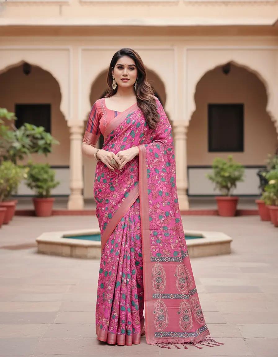 Floral Printed Pink Saree And Woven Border And Unstitched Blouse | Dhanjyoti
