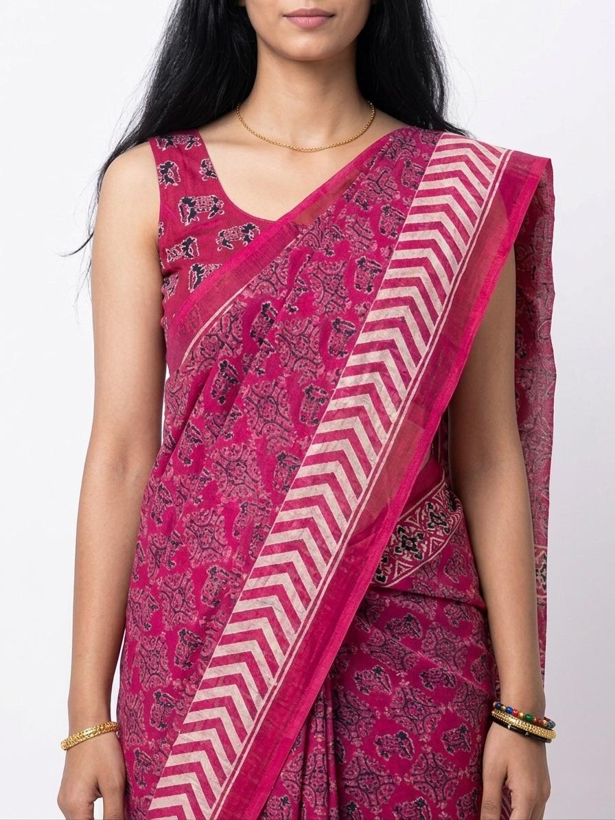 Pink Chanderi Cotton Saree With Ethnic Motifs & Contrast Chevron Border Casual Wear | Dhanjyoti - Image 2