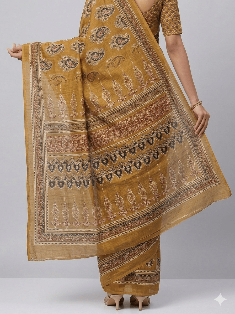 Mustard Brown Printed Saree With Traditional Paisley & Border Design Saree Casual Wear | Dhanjyoti  - Image 2