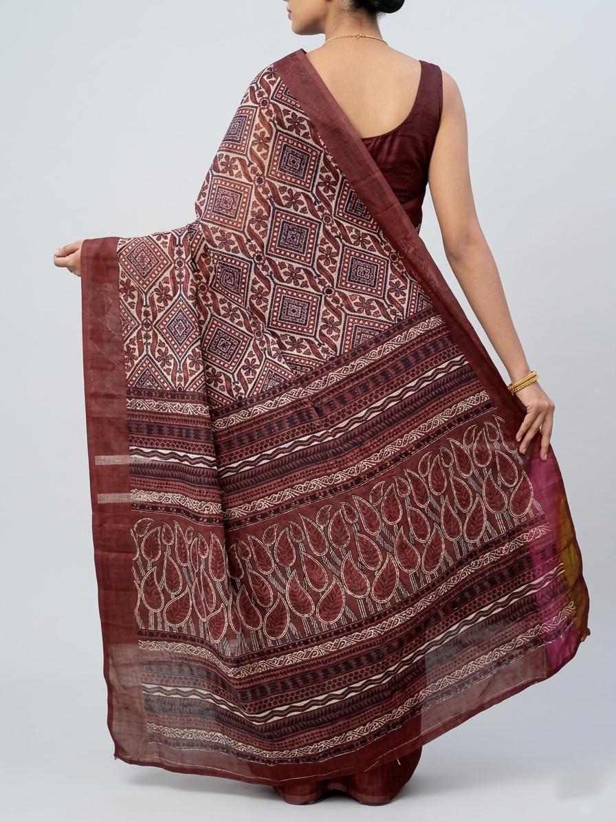 Maroon Chanderi Cotton Saree With Ethnic Geometric Print & Rich Border Casual Wear | Dhanjyoti - Image 2