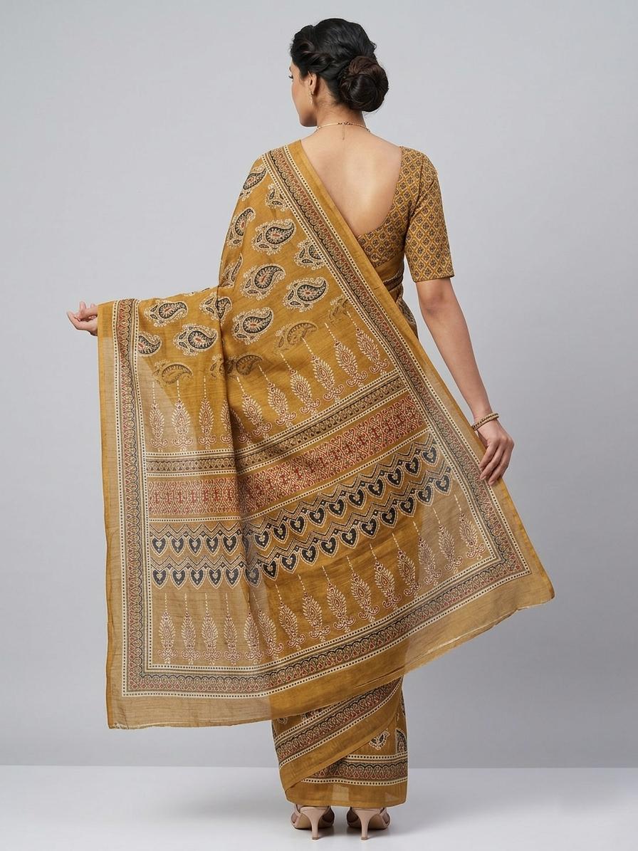 Mustard Brown Printed Saree With Traditional Paisley & Border Design Saree Casual Wear | Dhanjyoti  - Image 3