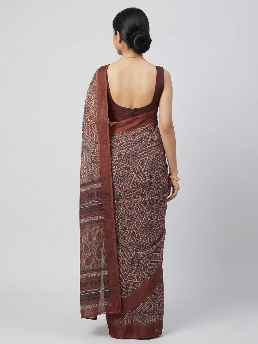 Maroon Chanderi Cotton Saree With Ethnic Geometric Print & Rich Border Casual Wear | Dhanjyoti - Image 3