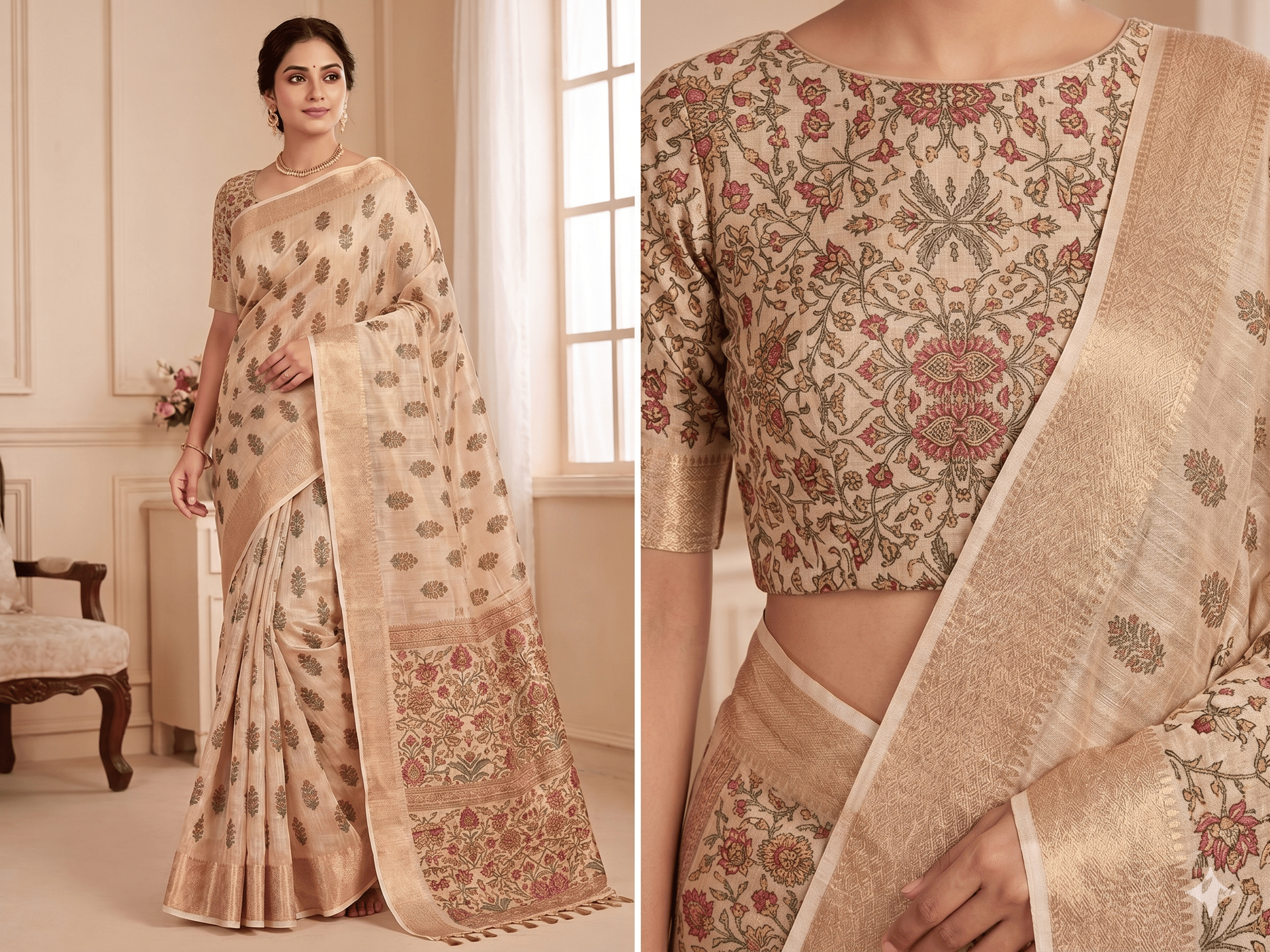 Dhanjyoti Traditional Floral Print Erode Woven Fabric Saree Featuring Woven Zari Border And Pallu Tassels