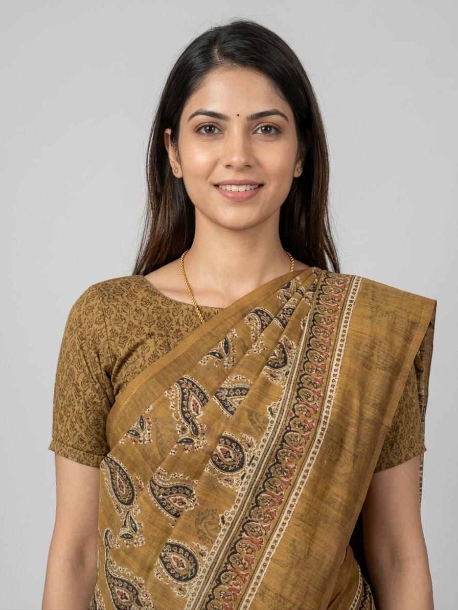 Mustard Brown Printed Saree With Traditional Paisley & Border Design Saree Casual Wear | Dhanjyoti  - Image 4