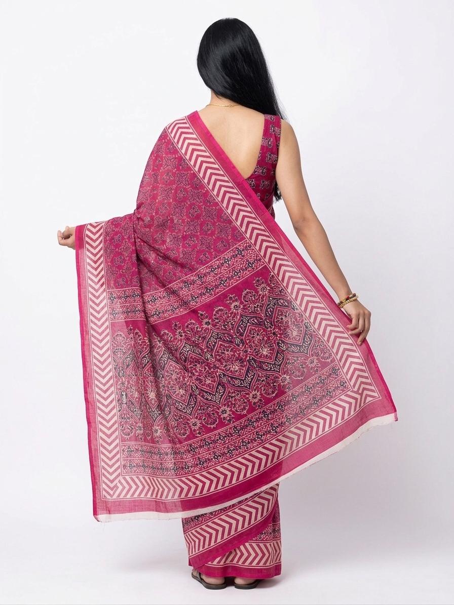 Pink Chanderi Cotton Saree With Ethnic Motifs & Contrast Chevron Border Casual Wear | Dhanjyoti - Image 3