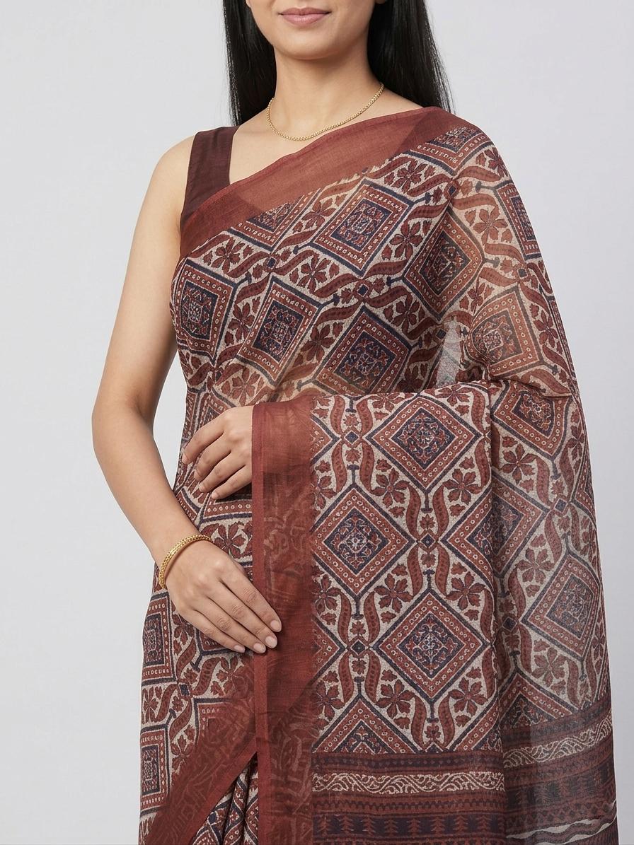 Maroon Chanderi Cotton Saree With Ethnic Geometric Print & Rich Border Casual Wear | Dhanjyoti - Image 4