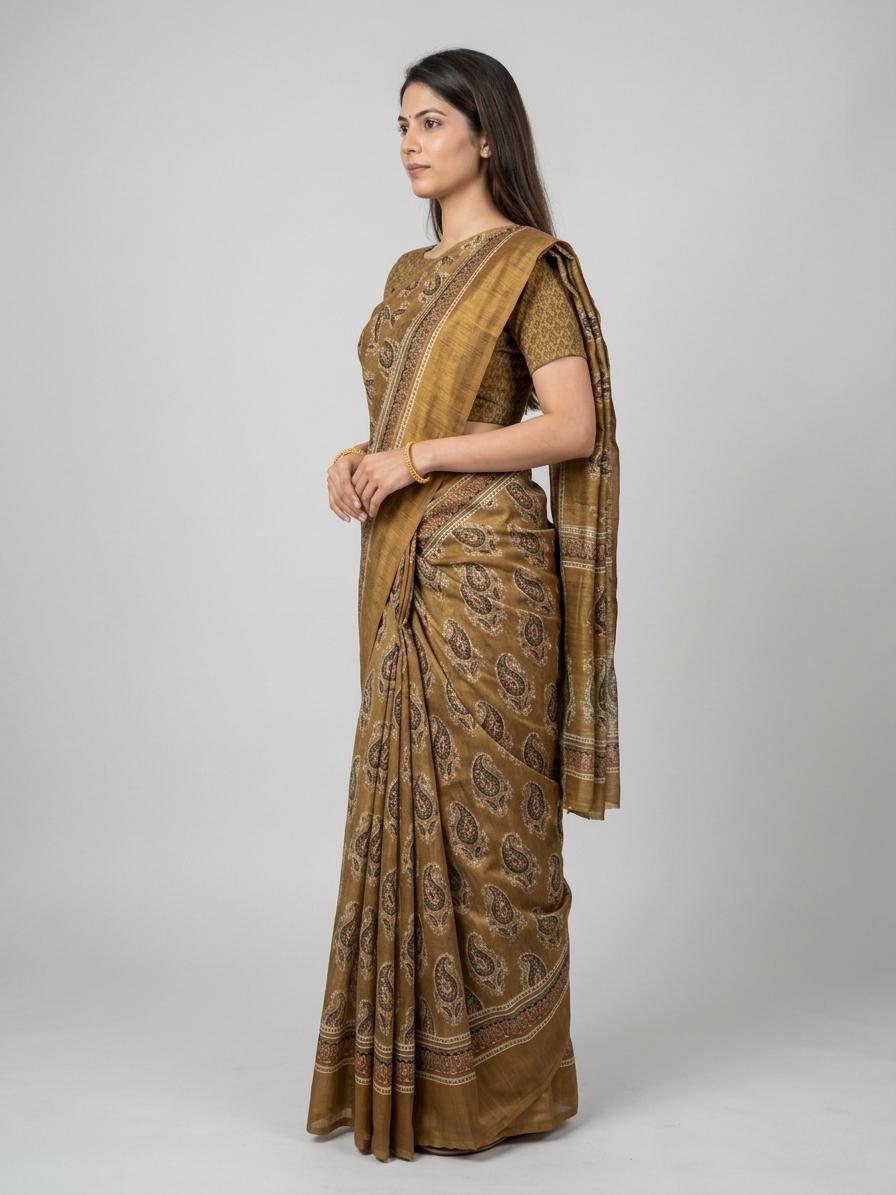 Mustard Brown Printed Saree With Traditional Paisley & Border Design Saree Casual Wear | Dhanjyoti  - Image 5