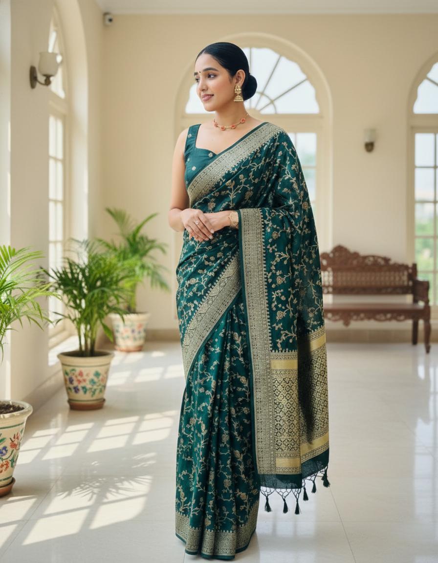 Designer Green Woven Silk Saree For Festive Wear