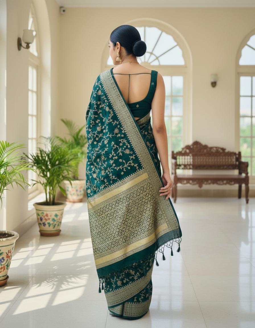Designer Green Woven Silk Saree For Festive Wear - Image 2