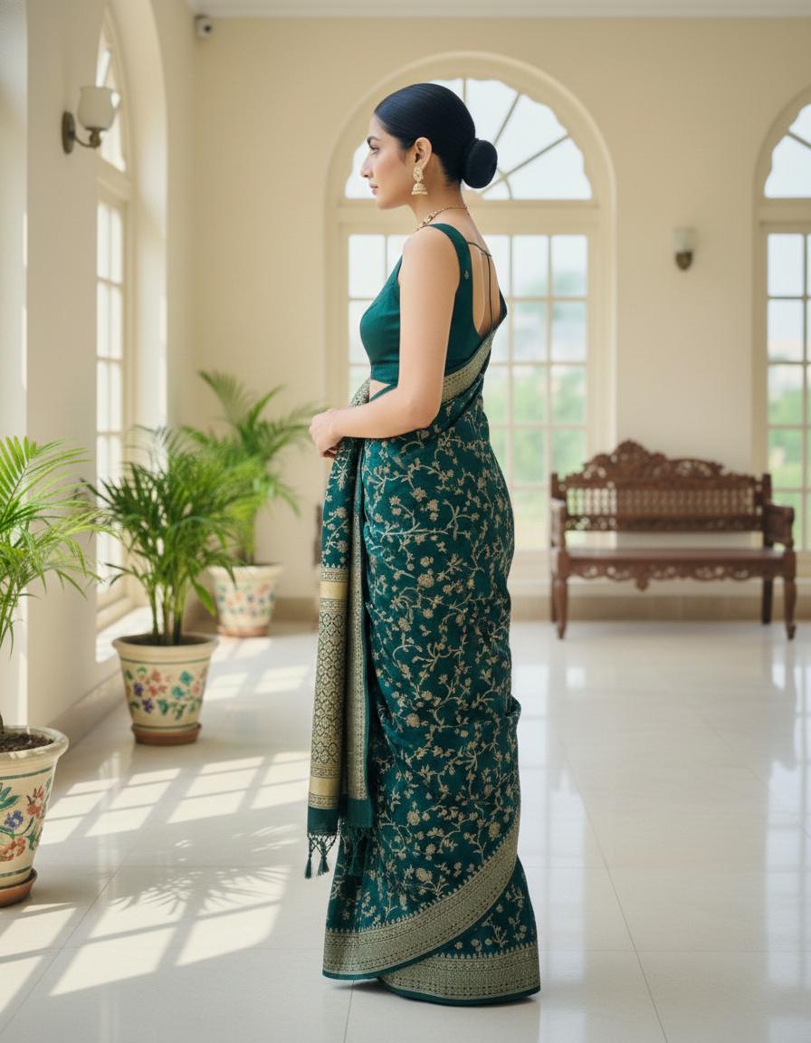 Designer Green Woven Silk Saree For Festive Wear - Image 3