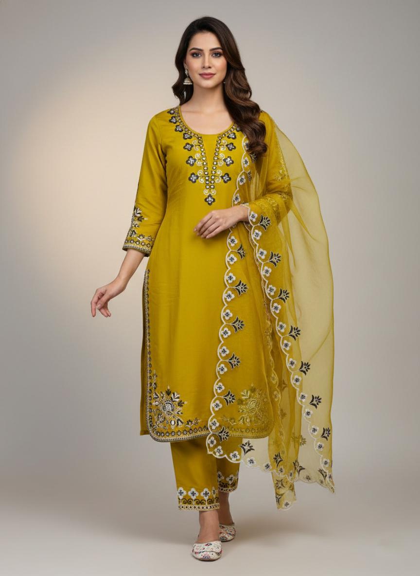 Embroidered Romen Silk Kurta Set With Matching Dupatta - Image 3