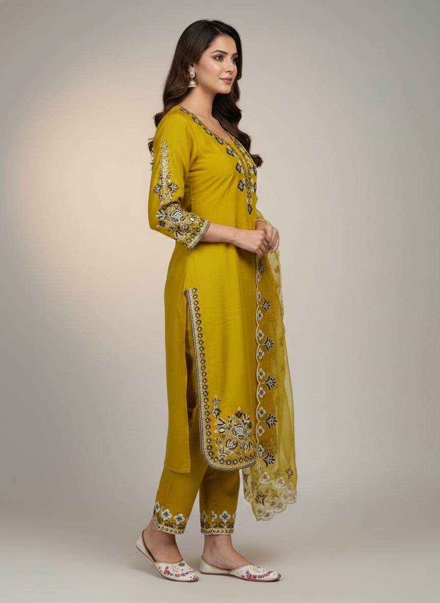 Embroidered Romen Silk Kurta Set With Matching Dupatta