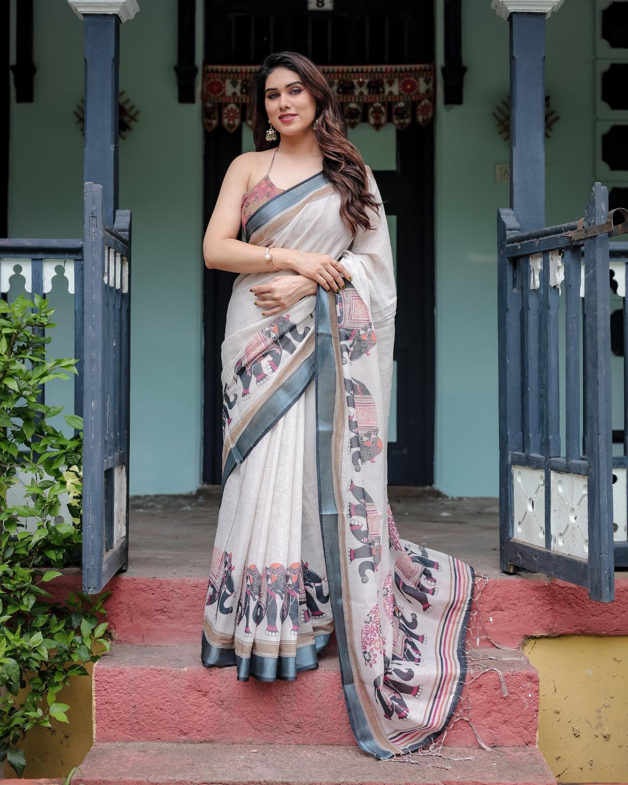 Handcrafted Elephant Print Chanderi Cotton Blend Dupatta - Image 3