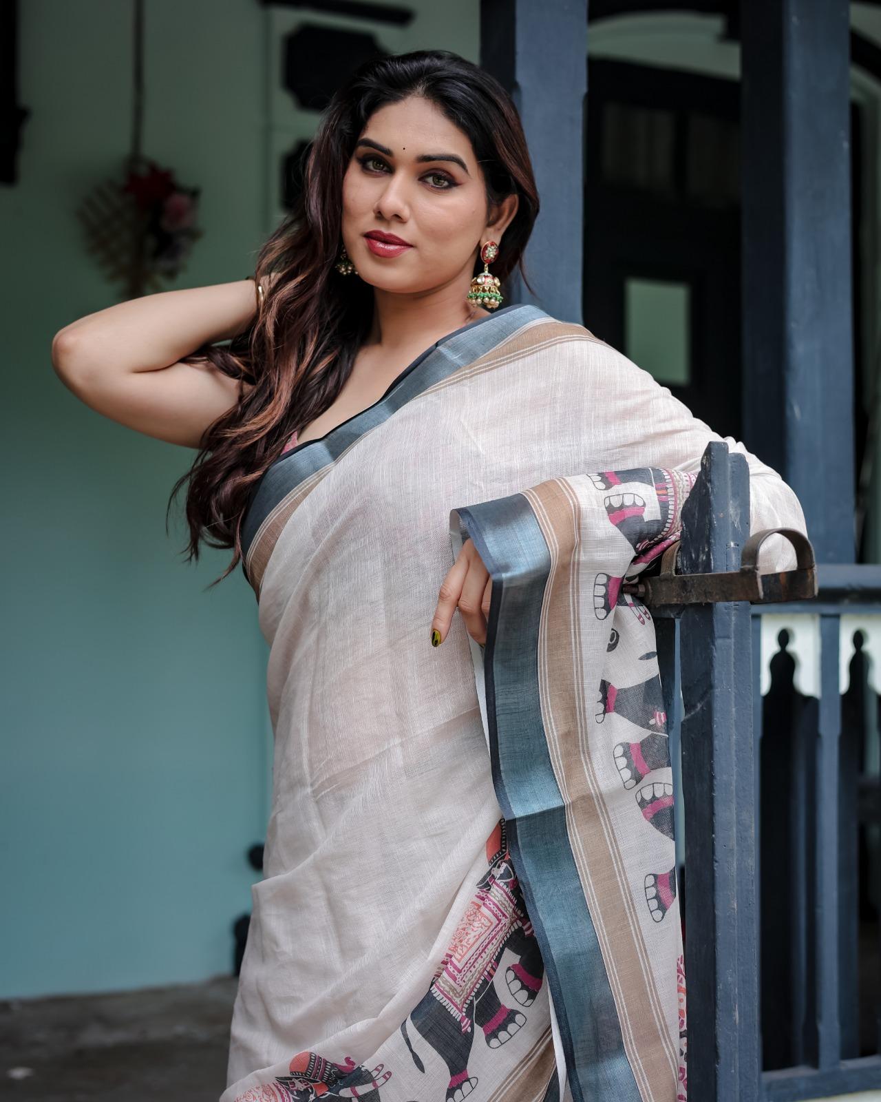 Handcrafted Elephant Print Chanderi Cotton Blend Dupatta - Image 4
