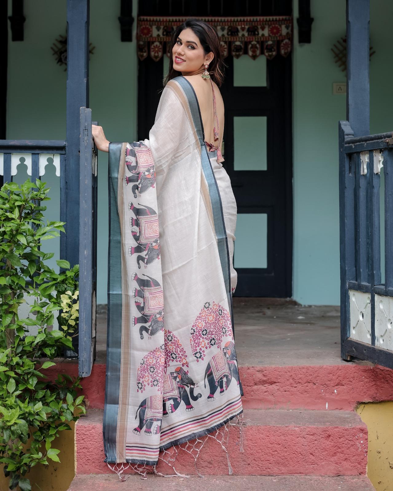 Handcrafted Elephant Print Chanderi Cotton Blend Dupatta