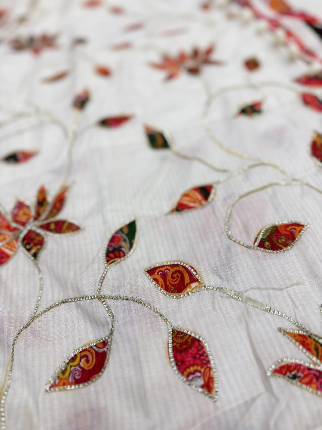 Off-White Lotus Print Kurta Set With Pom-Pom Lace Work For Party Wear | Dhanjyoti - Image 3