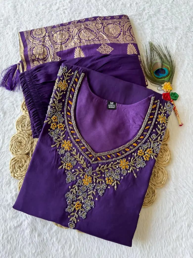 Regal Purple Silk Suit Set With Banarasi Dupatta - Image 6