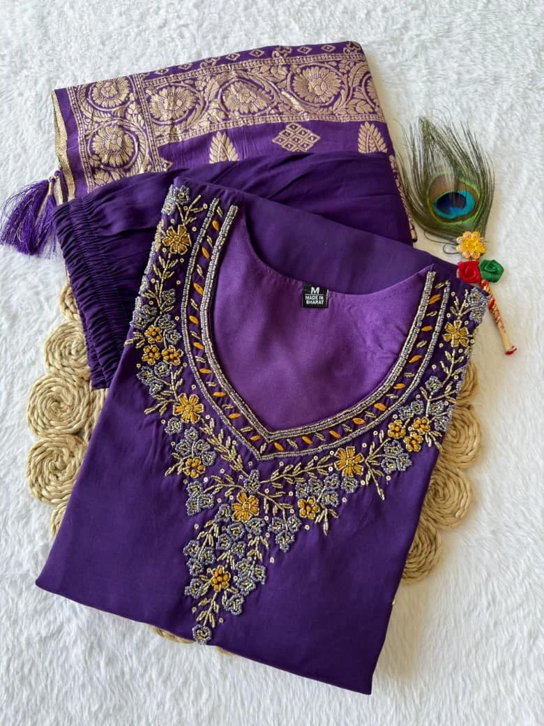 Regal Purple Silk Suit Set With Banarasi Dupatta - Image 5