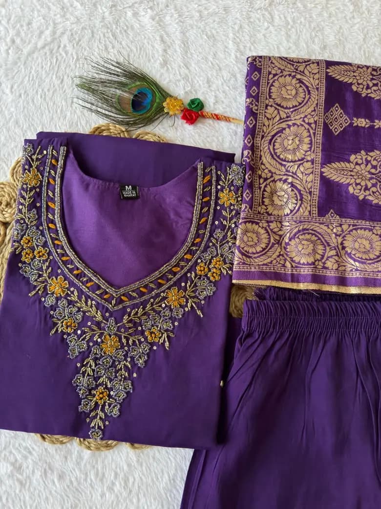 Regal Purple Silk Suit Set With Banarasi Dupatta - Image 4