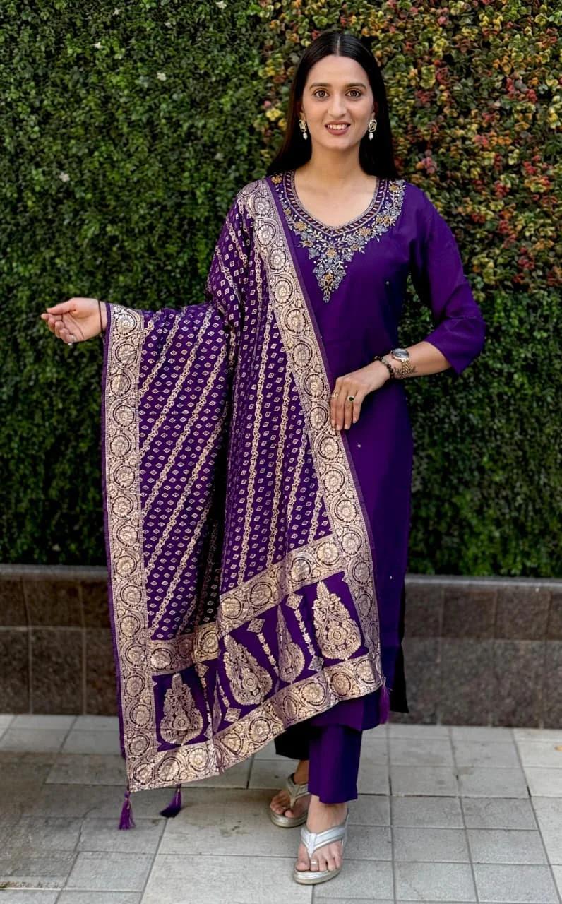 Regal Purple Silk Suit Set With Banarasi Dupatta - Image 3