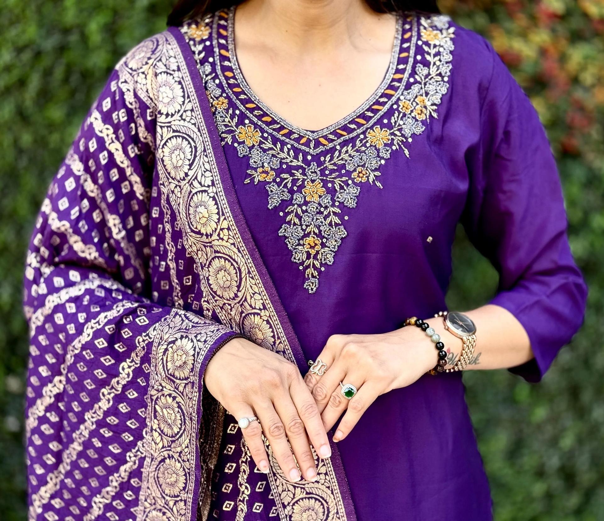 Regal Purple Silk Suit Set With Banarasi Dupatta - Image 2