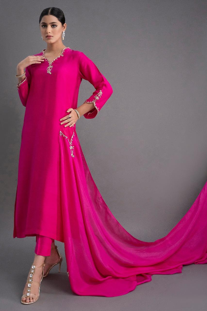 Vibrant Rani Pink Silk Blend Kurta Set With Heavy Gold Zari & Stone Work - Image 3